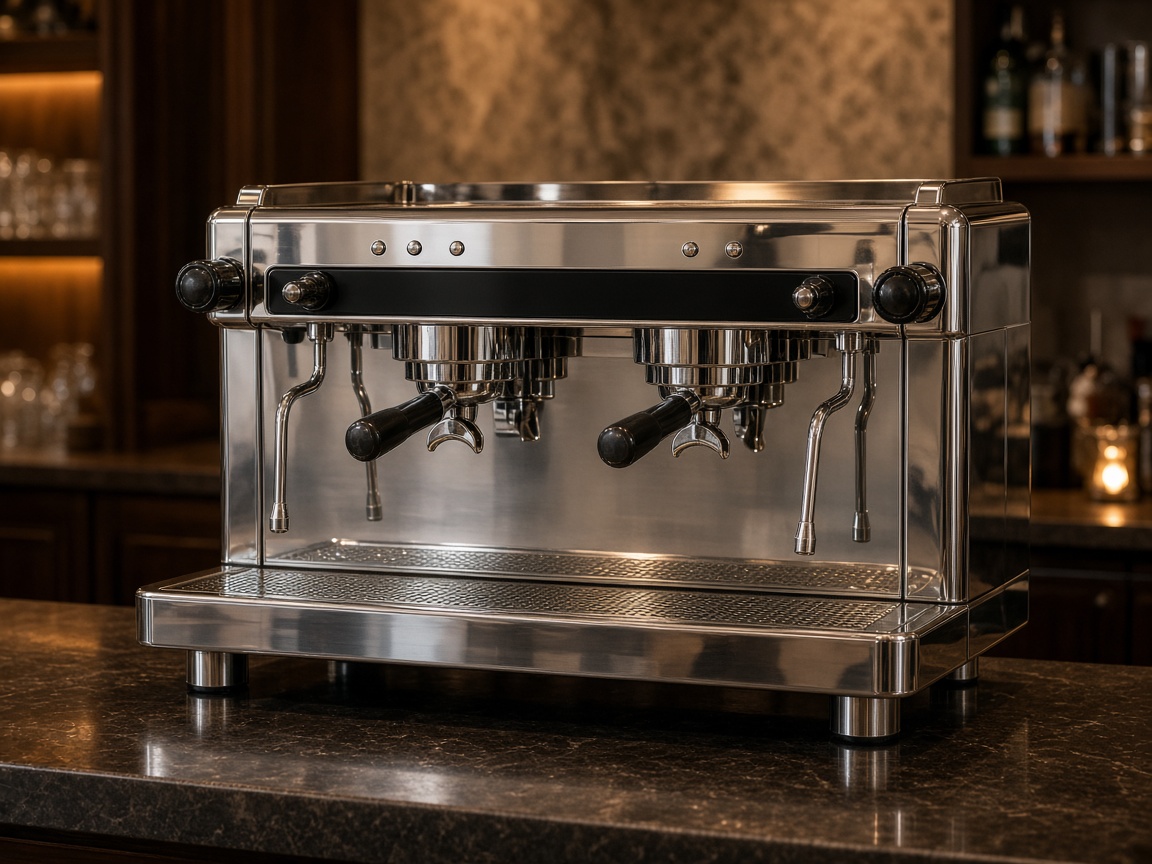Expobar two-group commercial espresso machine in polished stainless steel with black accents.